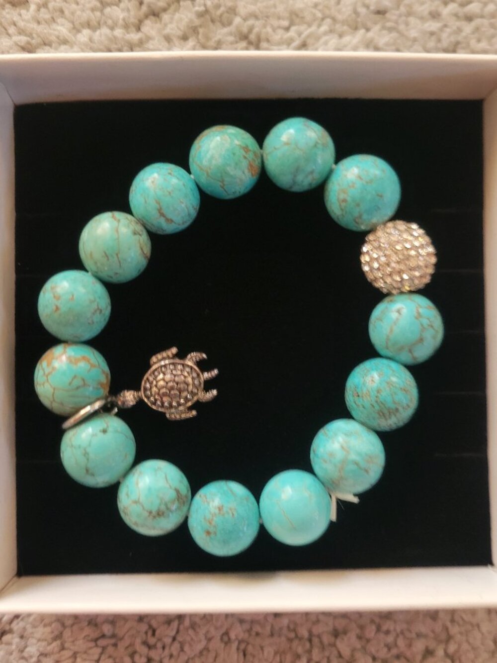 Ashley Bridget Turquoise Beaded Stretch Bracelet w/ Turtle Charm & Crystal Accen